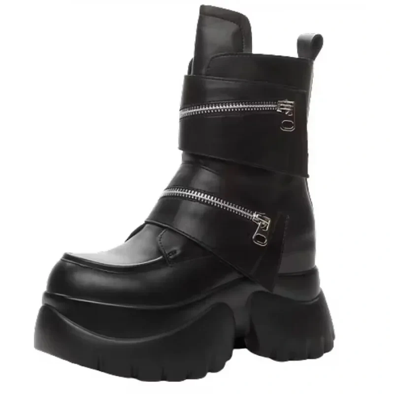 Spring Autumn Winter New Korean Style Slim Height Increasing Platform Pockets Genuine Leather Women Mid-Calf Modern Boots 2411