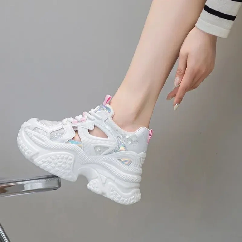 Summer New Korean Style Slim Height Increasing Platform Crystal Hollow Cross-tied Genuine Leather Women Modern Pumps 2411