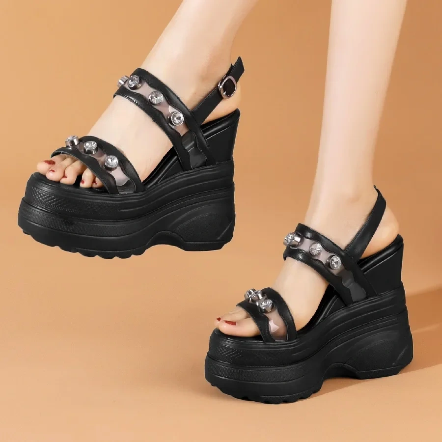Summer New Korean Style Slim Height Increasing Platform Peep Toe Crystal Cut Out Buckle Genuine Leather Women Rome Sandals 41212