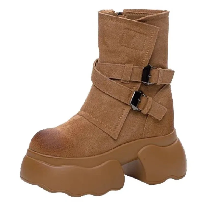 Spring Autumn New British Style Retro Height Internal Platform Belt Buckle Genuine Leather Women Ankle Short Equestrian Boots