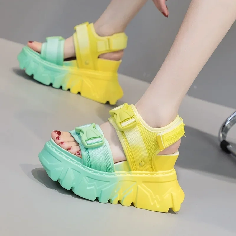 Summer New Korean Style Slim Height Increasing Wedges Peep Toe Platform Cutout Mixed Colors Buckles Belt Women Gladiator Sandals