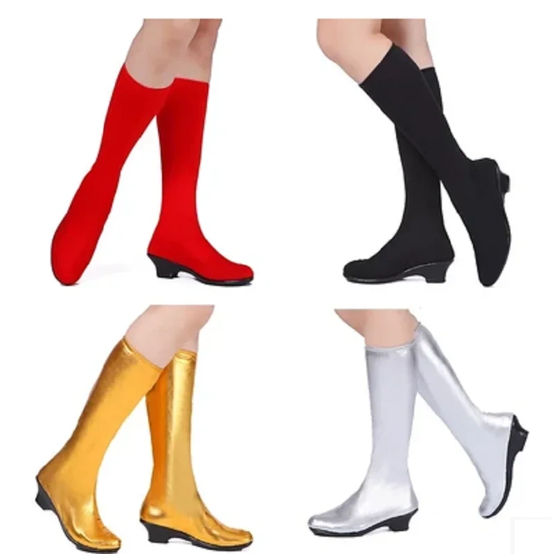 Women Popular Minority Dance Show Shoes Slip-On Cotton Fabric Vamp Mid-Calf Height Med Square Heels Performance Boots 0506