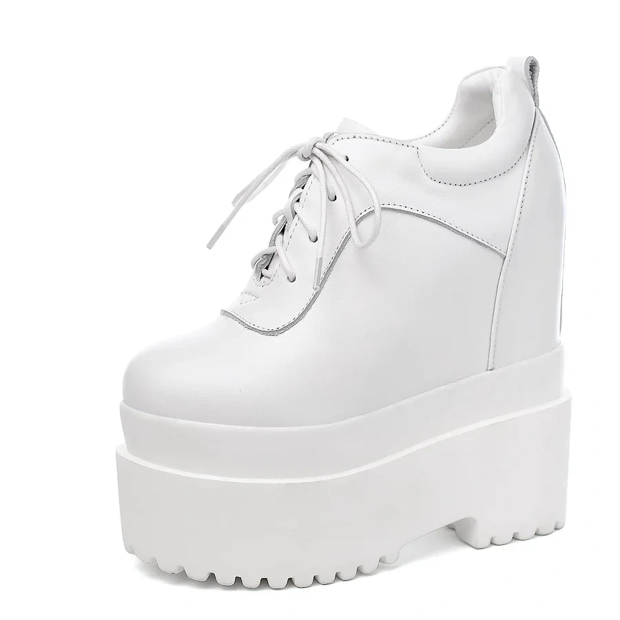 Spring Autumn New Korean Style Slim Height Increasing 16 CM High Heels Platform Lace-Up Genuine Leather Women Modern Pumps 2412