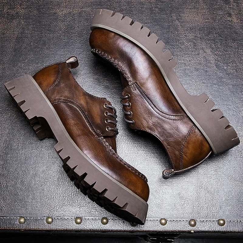 Spring Autumn New British Style Retro Chunky Bottom Platform Sewing Cross-tied Genuine Leather Men Motorcycle Shoes 2312