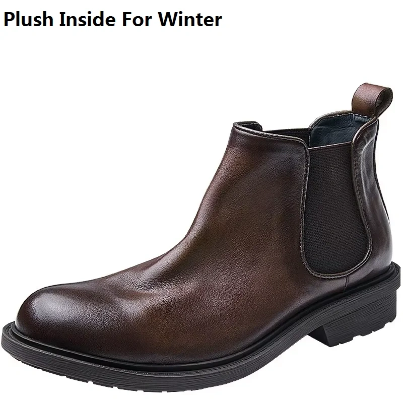 Spring Autumn New British Style Retro Thick Heels Sewing Slip-On Genuine Leather Men Ankle Short Chelsea Boots Winter Plush 2307