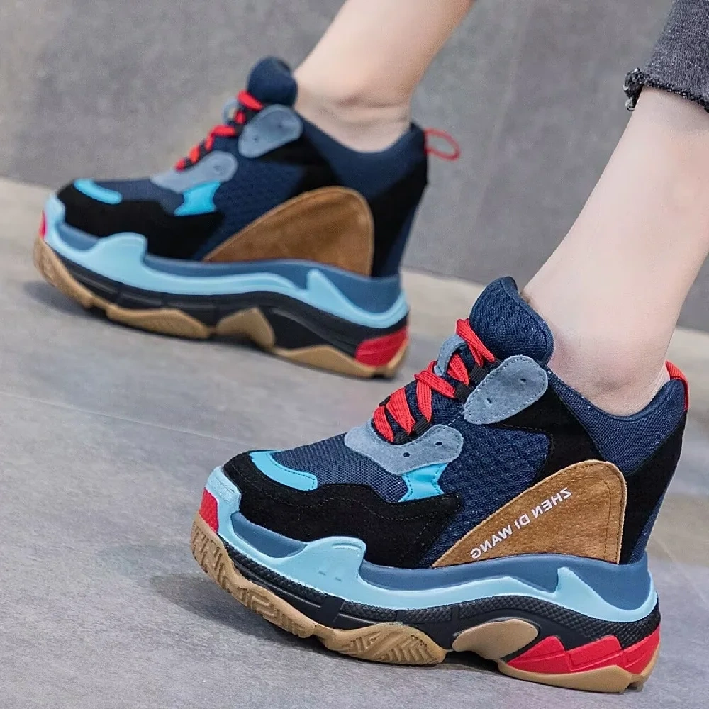 Spring Autumn New Leisure Slim Super High Heels Platform Mixed Colors Genuine Leather Lace-Up Women Casual Shoes Sneakers 41223
