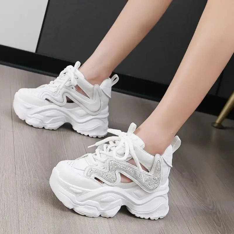 Summer New Korean Style Leisure Height Increasing Platform Crystal Cut Out Lace-Up Genuine Leather Women Casual Shoes Sneakers