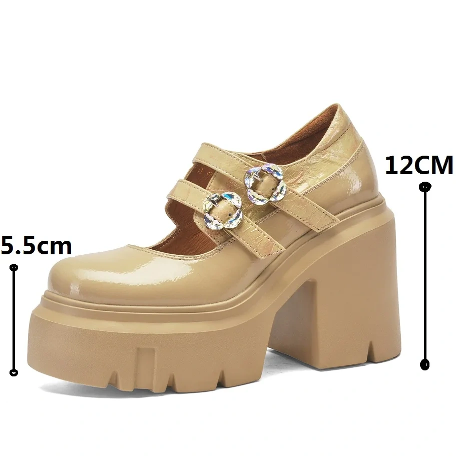 Women 12 CM Chunky Heel Shallow Mouth Spring Summer Real Leather Mary Jane Shoes Rhinestone Buckle Apricot Comfort Pumps 50220