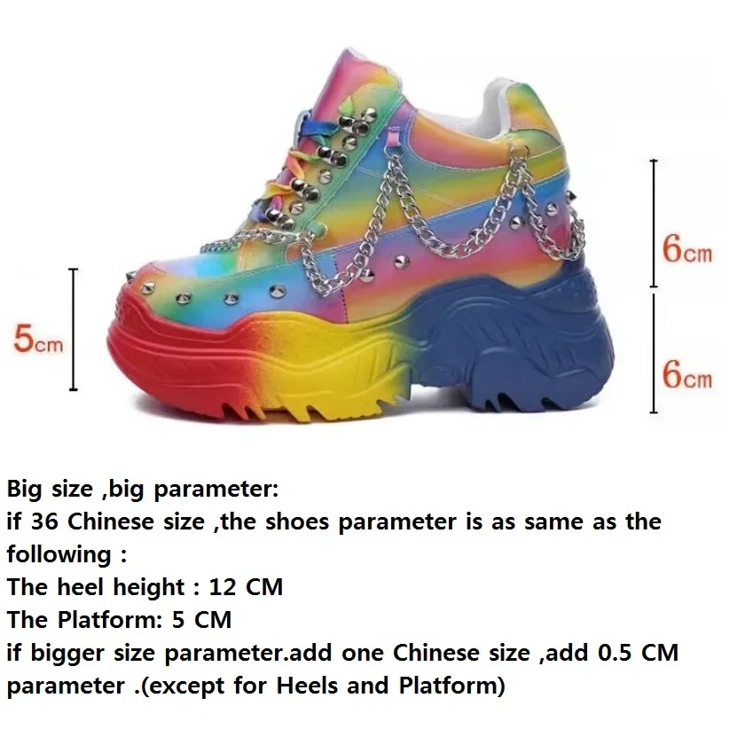 Spring Autumn Punk Style Height Internal Platform Metal Chain Rivet Rainbow Color Genuine Leather Women Casual Shoes Sneakers