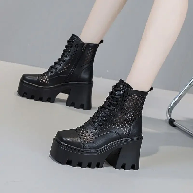 Summer New Fashion Slim Height Increasing Platform Cross-tied Hollow Zipper Genuine Leather Women High Top Modern Boots 2412