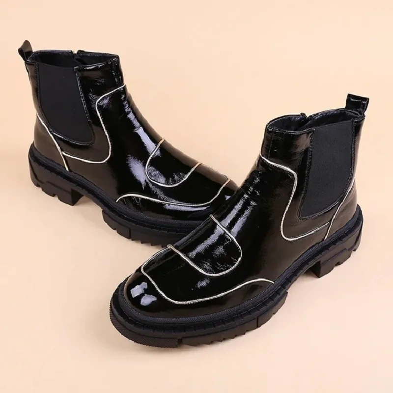 Spring Autumn New British Style Retro Chunky Bottom Platform Patent Leather Men Ankle Short Chelsea Boots Winter Plush 2311