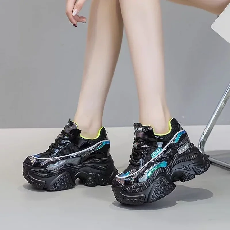 Korean Style New Slim Height Increasing Platform Bling Lace-Up Mesh Patchwork Genuine Leather Women Casual Sneakers Shoes 2409