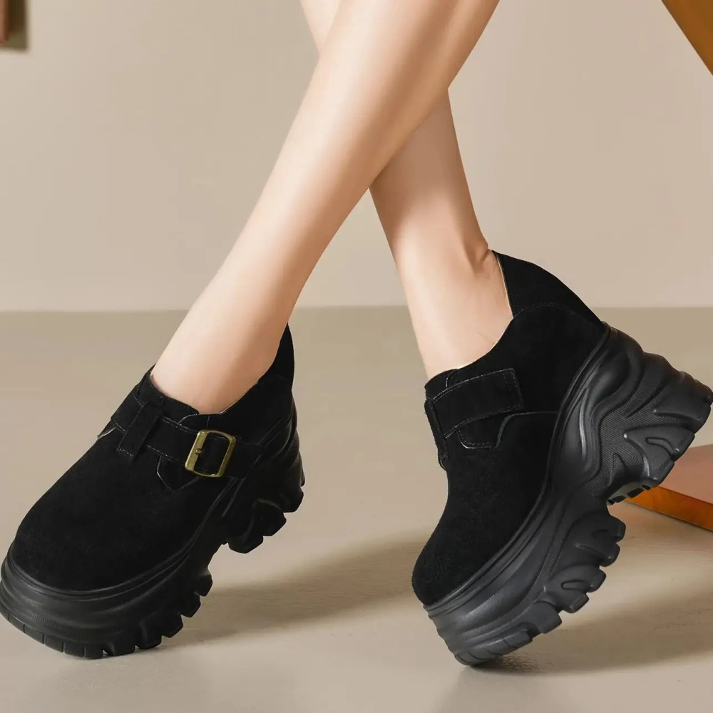 Women 12 CM Wdege Heel Genuine Nubuck Leather Shoes Metal Buckles Retro Platform Spring Autumn New Loafers Shoes 50221