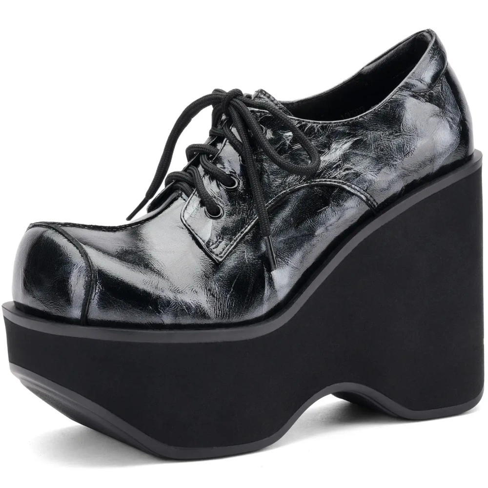 Women New Spring Autumn 12 CM High Heel Thick Sole Wedge Platform Lace Up Shoes Genuine Leather Printed Black Shoes 50222
