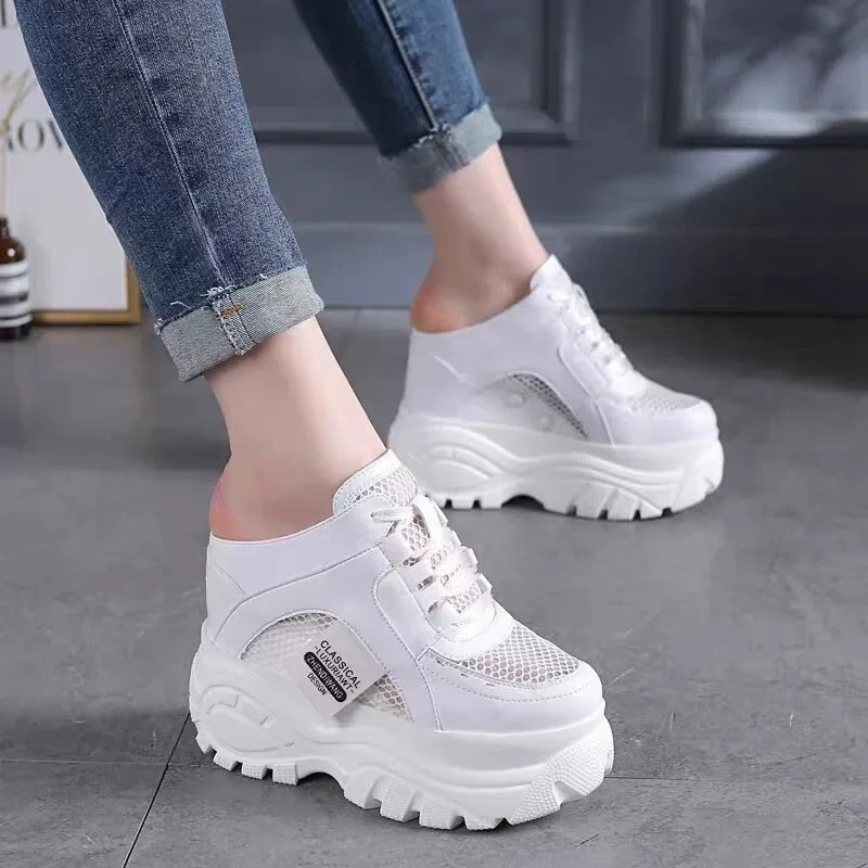 Summer New Korean Style Slim Height Increasing Platform Round Toe Cut Out Hollow Mesh Genuine Leather Women Modern Slippers 2404