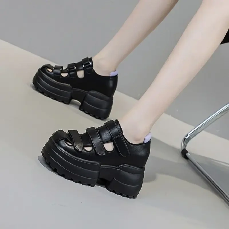 Summer New Arrival Fashion Slim Height Increasing Platform Cut Out Narrow Band Genuine Leather Women Modern Sandals 2305