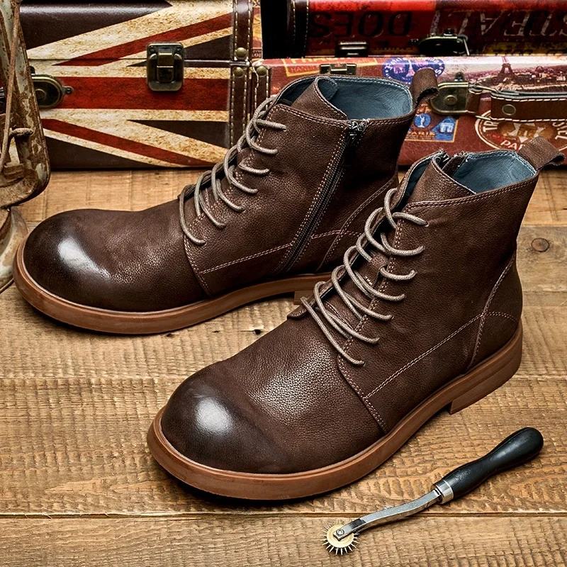 British Style New Retro Leisure Chunky Bottom Sewing Cross-tied Full Grain Leather Men Ankle High Top Motorcycle Boots 2308