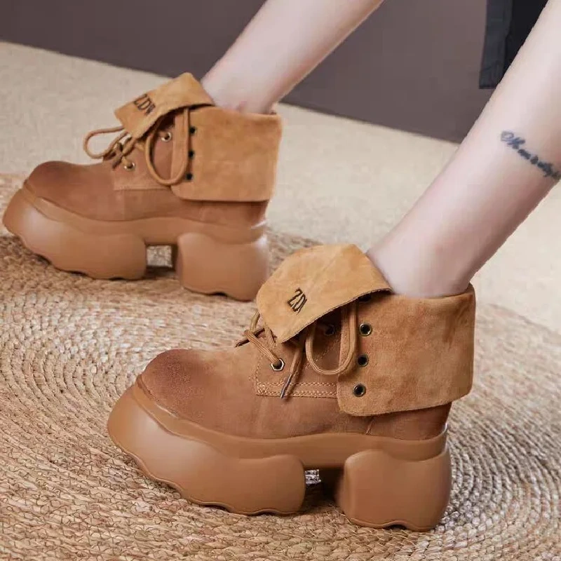 Spring Autumn New Retro Slim Height Increasing Platform Lace-Up Genuine Leather Women Ankle Short Equestrian Boots Sneakers 2409