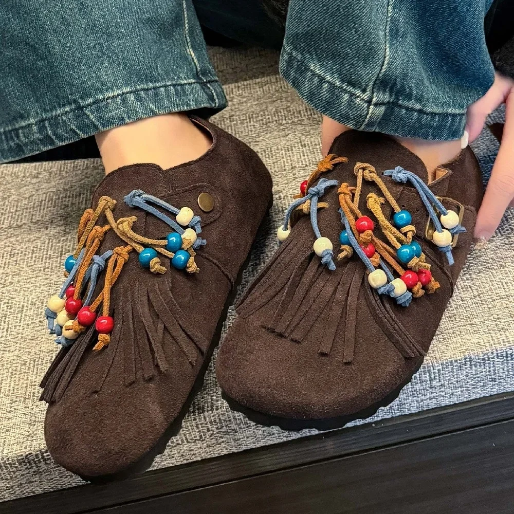 Spring Autumn New Retro Leisure Flat Sole String Bead Fringe Belt Buckle Slip-On Genuine Leather Women Casual Shoes 2411