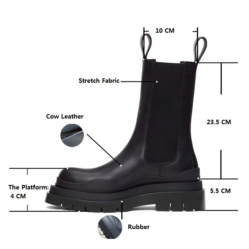 Spring Autumn New British Style Chunky Bottom Platform Slip-On Genuine Leather Men Mid-Calf Half Chelsea Boots Winter Plush 2306