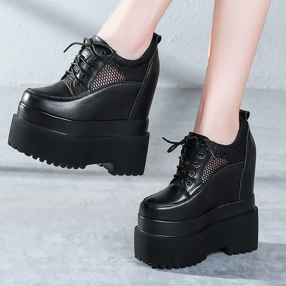 Summer New Korean Concise Style Slim Height Increasing Platform Hollow Mesh Genuine Leather Lace-Up Women Modern Pumps 2412