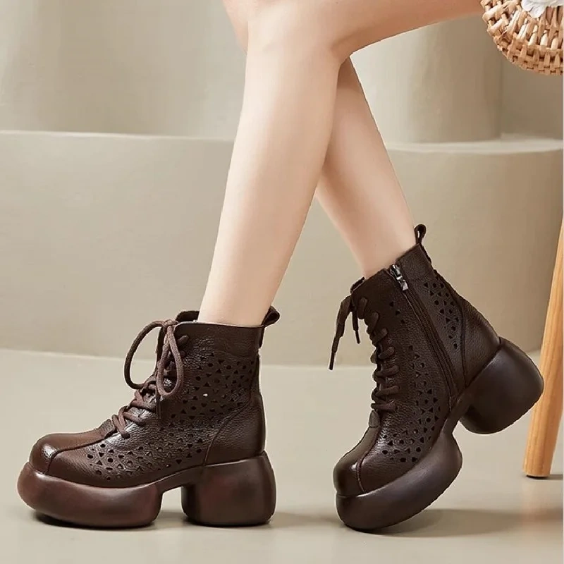 Summer Retro 7 CM Thick High Heels Platform Hollow Breathable Cross-tied Genuine Leather Women Ankle Short Casual Boots 50113