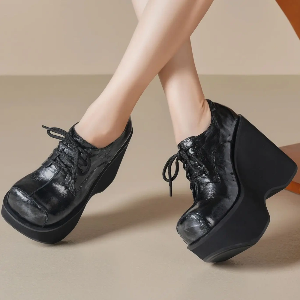 Women New Spring Autumn 12 CM High Heel Thick Sole Wedge Platform Lace Up Shoes Genuine Leather Printed Black Shoes 50222
