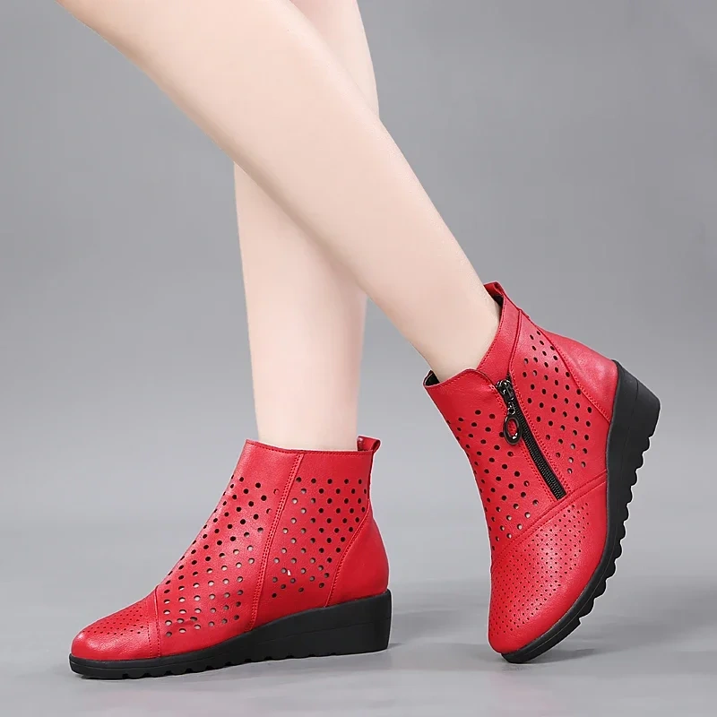 Spring Autumn Women Genuine Leather Round Toe Cut Out Wedge High Heels Shoes Thick Warm For Winter Concise Short Boots 230302