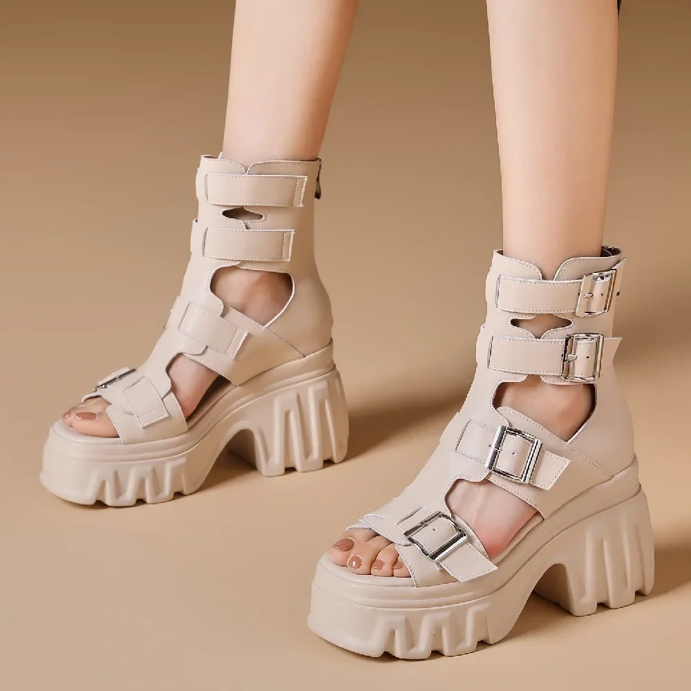 Summer New British Style Retro Super High Heels Platform Hollow Peep Toe Buckle Genuine Leather Zipper Women High Top Rome Boots