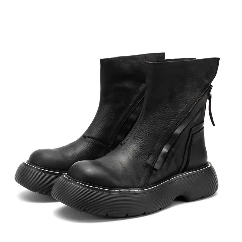 Spring Autumn British Style Chunky Bottom Platform Sewing Genuine Leather Men Mid-Calf Work Safety Boots Winter Plush Inside