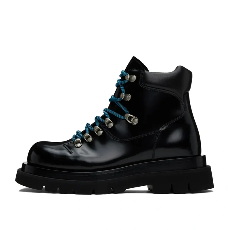British Punk Style Height Increasing Platform Cross-tied Metal Buckle Size 38-44 Genuine Leather Men Ankle Short Chunky Boots