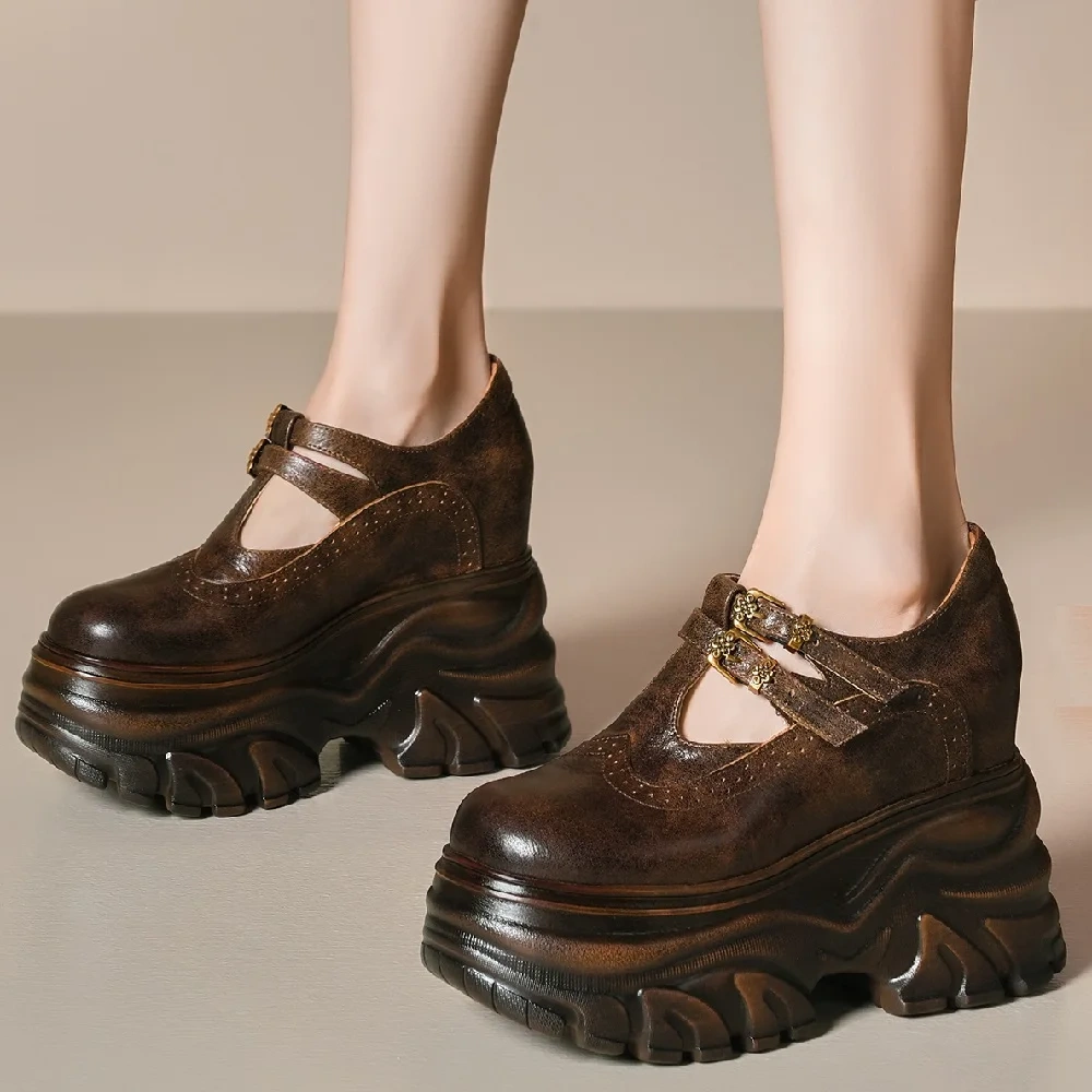 Spring Autmun New Retro Style Slim Height Increasing Platform Wedges Shallow Buckle Strap Genuine Leather Women Loafers Shoes