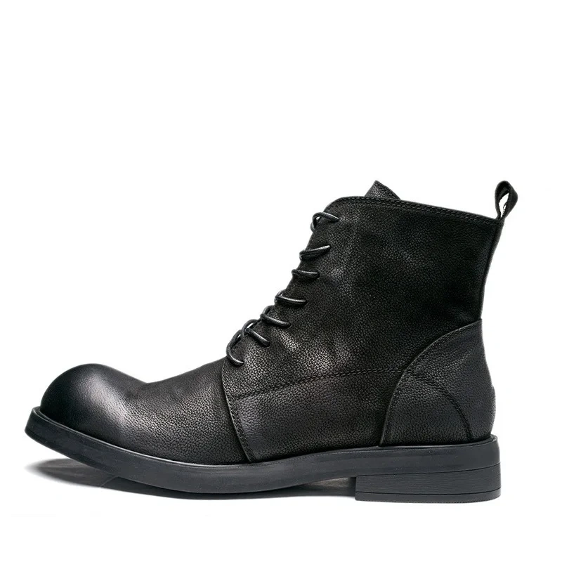 British Style New Retro Leisure Chunky Bottom Sewing Cross-tied Full Grain Leather Men Ankle High Top Motorcycle Boots 2308