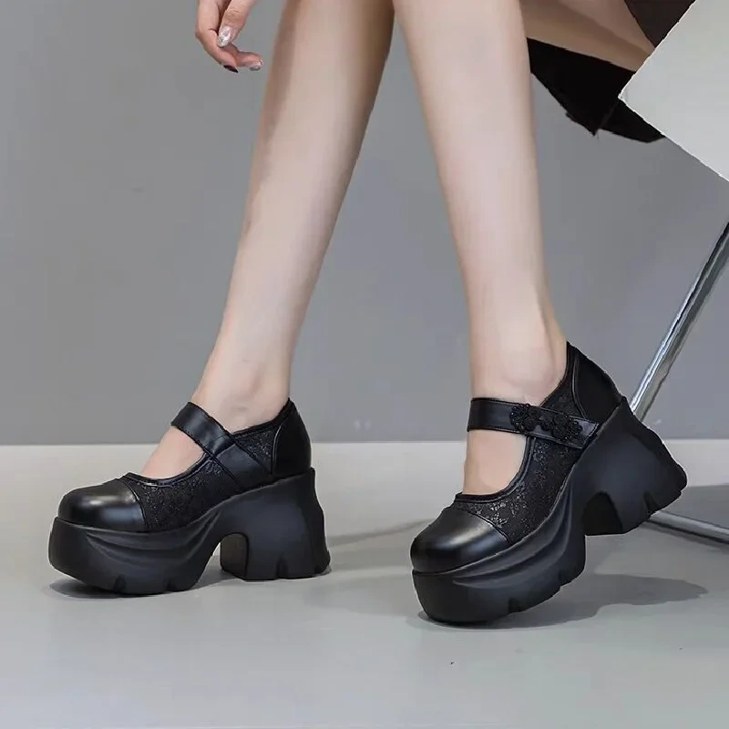 Spring Autumn New Retro Super High Heels Platform Shallow Buckle Embroidery Mesh Genuine Leather Women Casual Shoes 2411