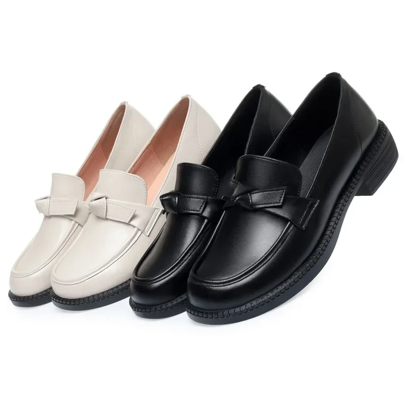 Women Loafers Spring Autumn British Style Retro Thick Heels Shallow Bowknot Sewing Plus Size 42 43 Genuine Leather Ladies Pumps