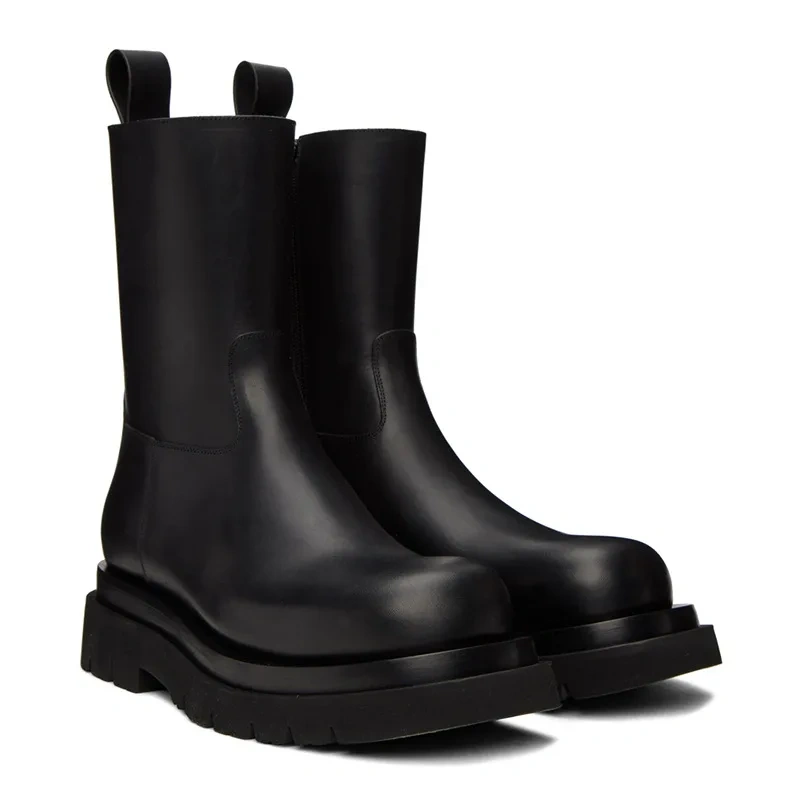 Spring Autumn New European America Style Chunky Bottom Platform Sewing Genuine Leather Men Mid-Calf High Top Business Boots 2310