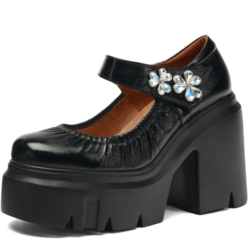 Ladies New Spring Summer 12 CM Chunky Heel Platform Crystal Flower Shoes Pleated Shallow Mouth Genuine Leather Sandals 50220