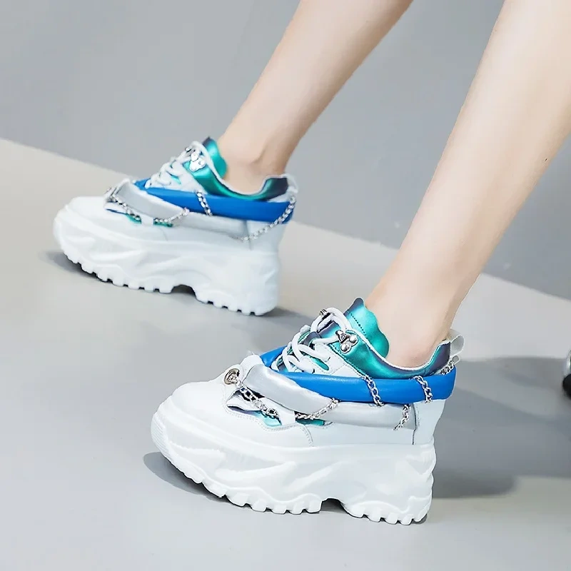 Women Spring Autumn New Slim Height Increasing Platform Wedges Metal Chain Narrow Band Lace-Up Genuine Leather Casual Shoes 412