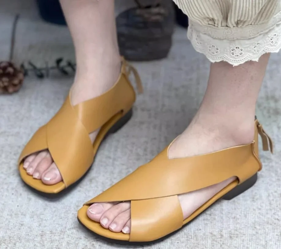 Summer New British Style Retro Thick Bottom Peep Toe Cut Out Cross-tied Sewing Genuine Leather Women Gladiator Sandals 230414
