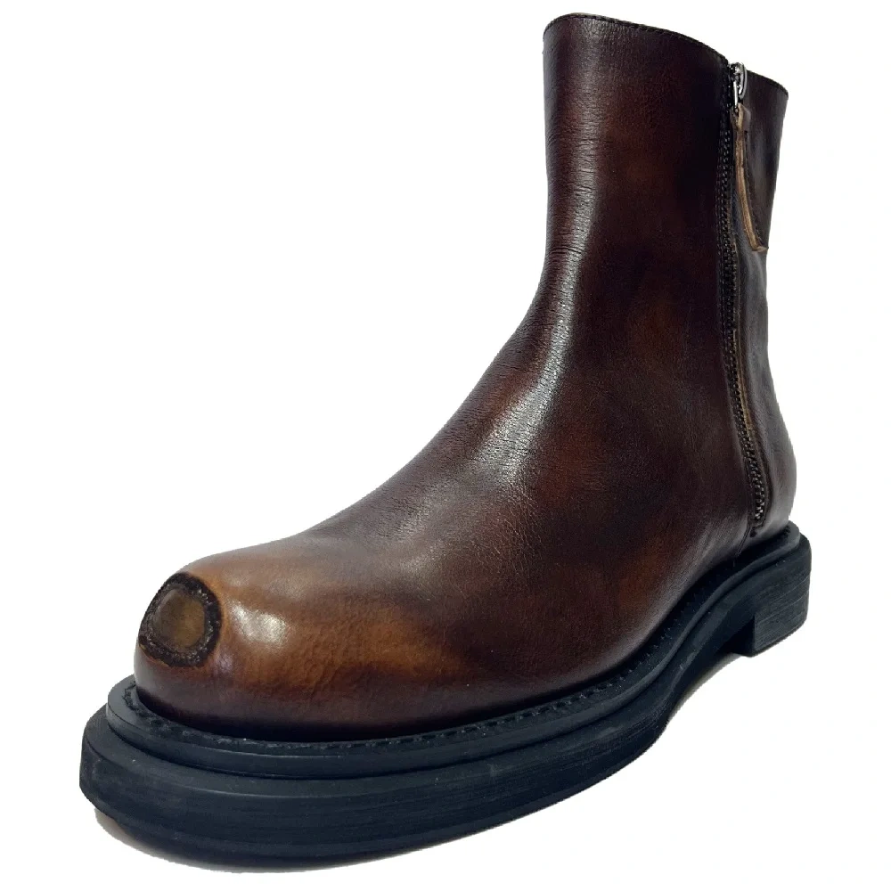 Spring Autumn New British Style Retro Chunky Sole Sewing Zipper Genuine Leather Men High Top Short Motorcycle Boots 2411