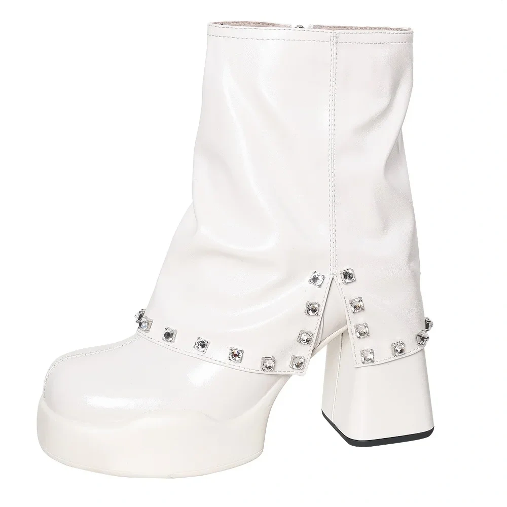 Spring Autumn Winter New Sexy Super High Heels Platform Crystal Rivet Zipper Genuine Leather Women High Top Short Foldover Boots
