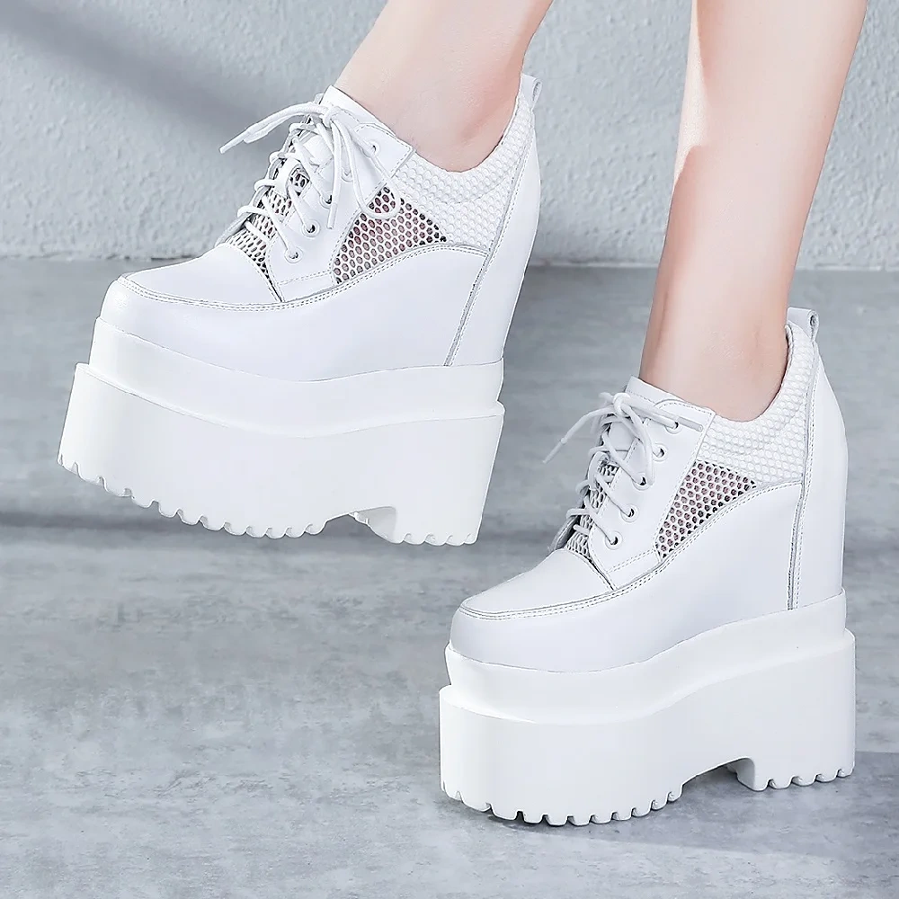 Summer New Korean Concise Style Slim Height Increasing Platform Hollow Mesh Genuine Leather Lace-Up Women Modern Pumps 2412