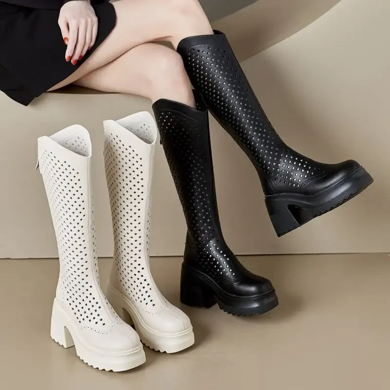 Summer New Fashion Thick High Heels Platform Cut Out Hollow Breathable Genuine Leather Women Knee-High Long Modern Boots 2304