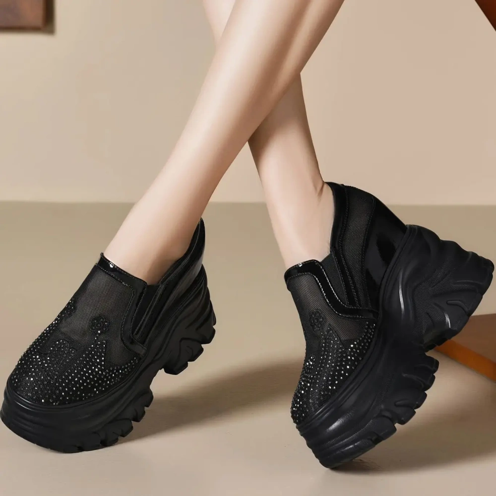 Women Summer New 12 CM Wedge Hidden Heels Thick Sole Genuine Leather Sandals Deep Vamp Crystals Mesh Cut Out Loafers Shoes 50221