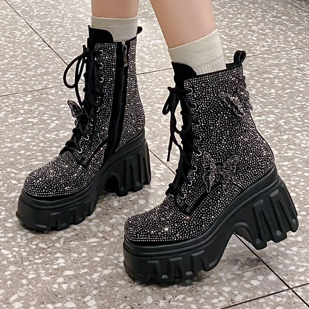 Spring Autumn Winter New Super High Heels Platform Square Toe Bowknot Crystal Genuine Leather Women Ankle Short Modern Boots