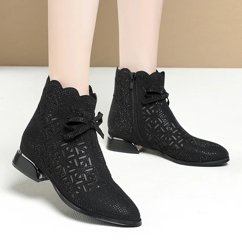 Spring Autumn Women New Arrival Pointed Toe Cut Out Square Heels Pumps Rhinestone Butterfly-knot Breathable Short Boots 230308
