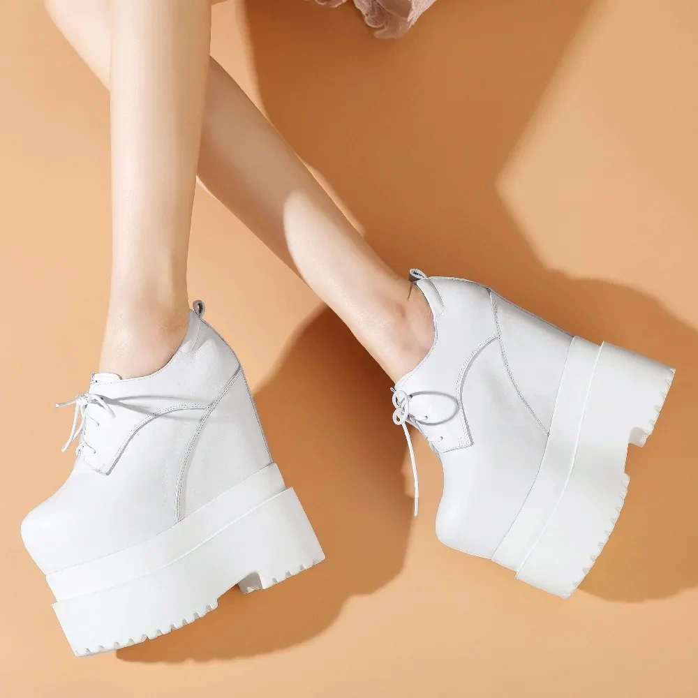 Spring Autumn New Slim 18 CM High Heels Height Increasing Platform White Lace-Up Genuine Leather Women Modern Pumps 2505