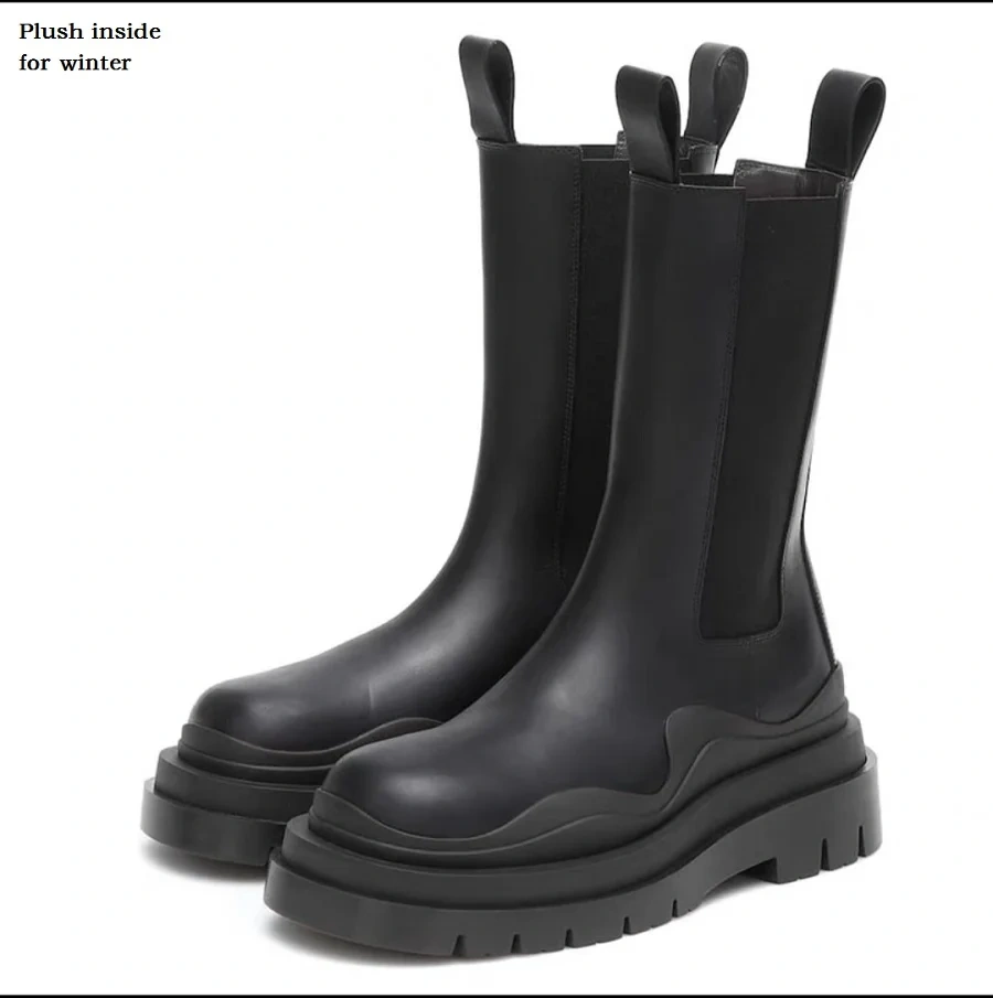 Spring Autumn New British Style Chunky Bottom Platform Slip-On Genuine Leather Men Mid-Calf Half Chelsea Boots Winter Plush 2306
