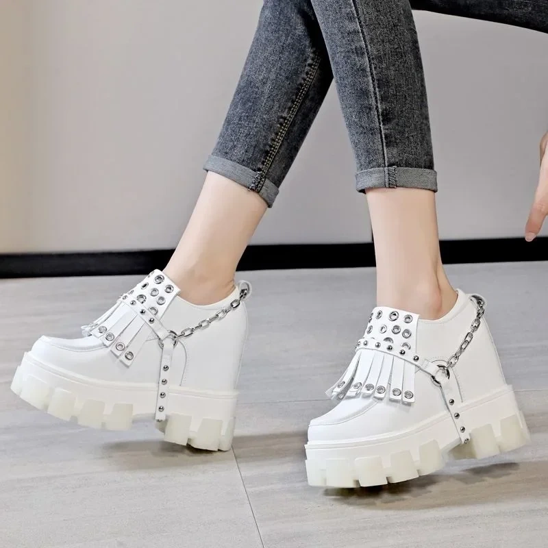 Spring Autumn New Punk Style Height Increasing Platform Metal Chain Fringe Genuine Leather Women Casual Shoes Sneakers 2410