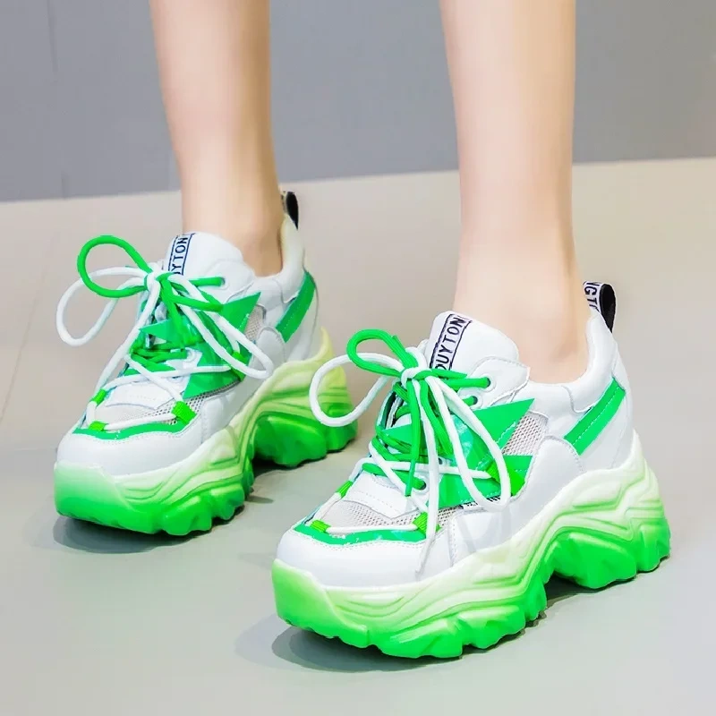 Summer New Slim Height Increasing Wedges Platform Cross-tied Cutout Mesh Genuine Leather Women Pumps Ladies Sneakers 2205